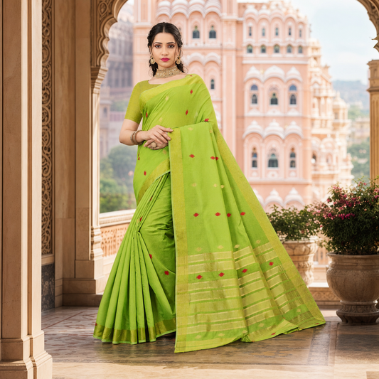 Lime Green Cotton Silk Saree
