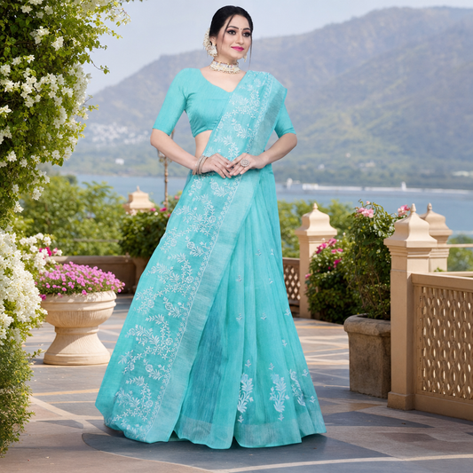 Blue cotton linen-touch saree