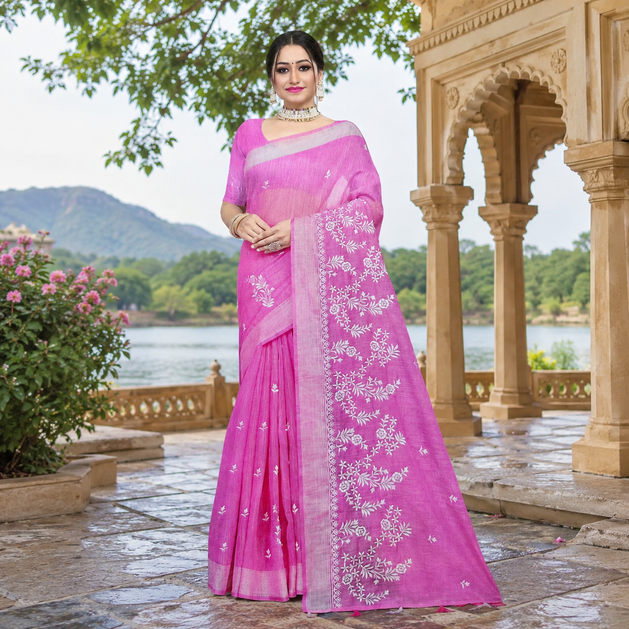 Pink cotton linen-touch saree