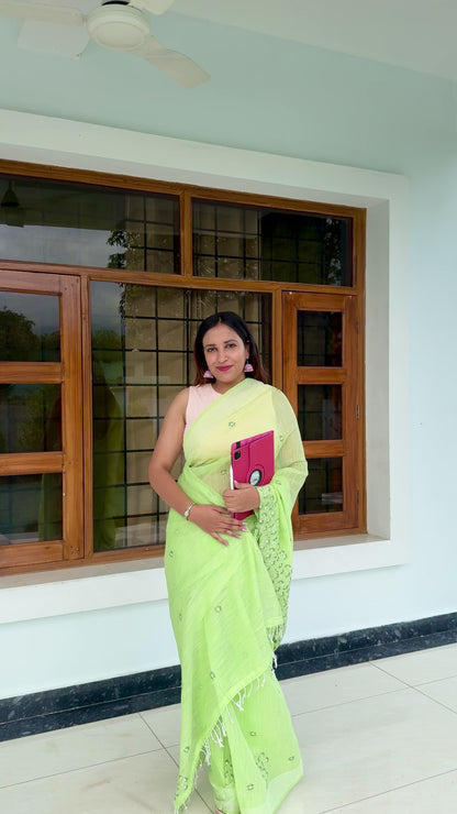 Green cotton linen-touch saree