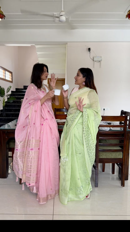 Green cotton linen-touch saree