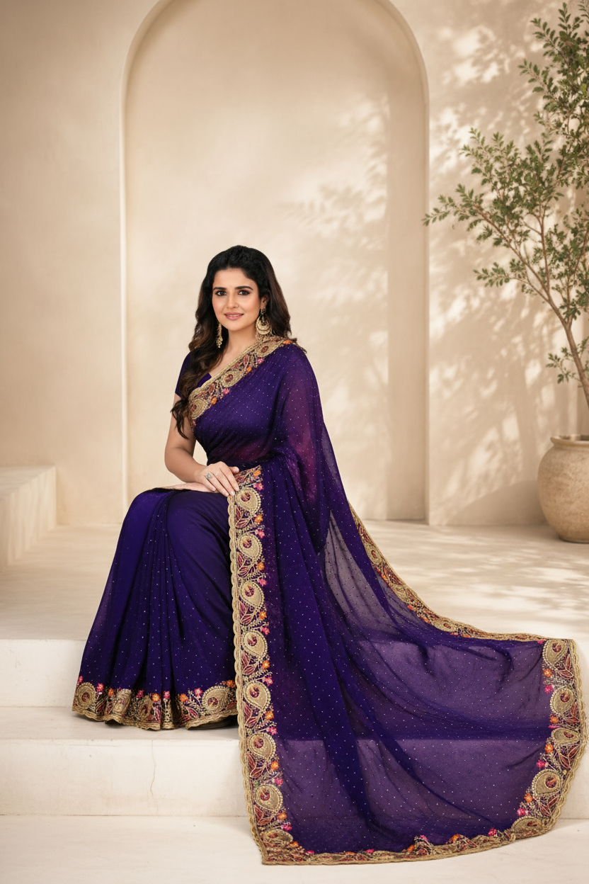 Purple Sequin Saree with Gold Zari & Floral Border