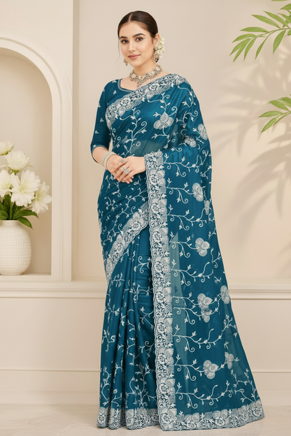 Blue Embroidered Fendi Saree