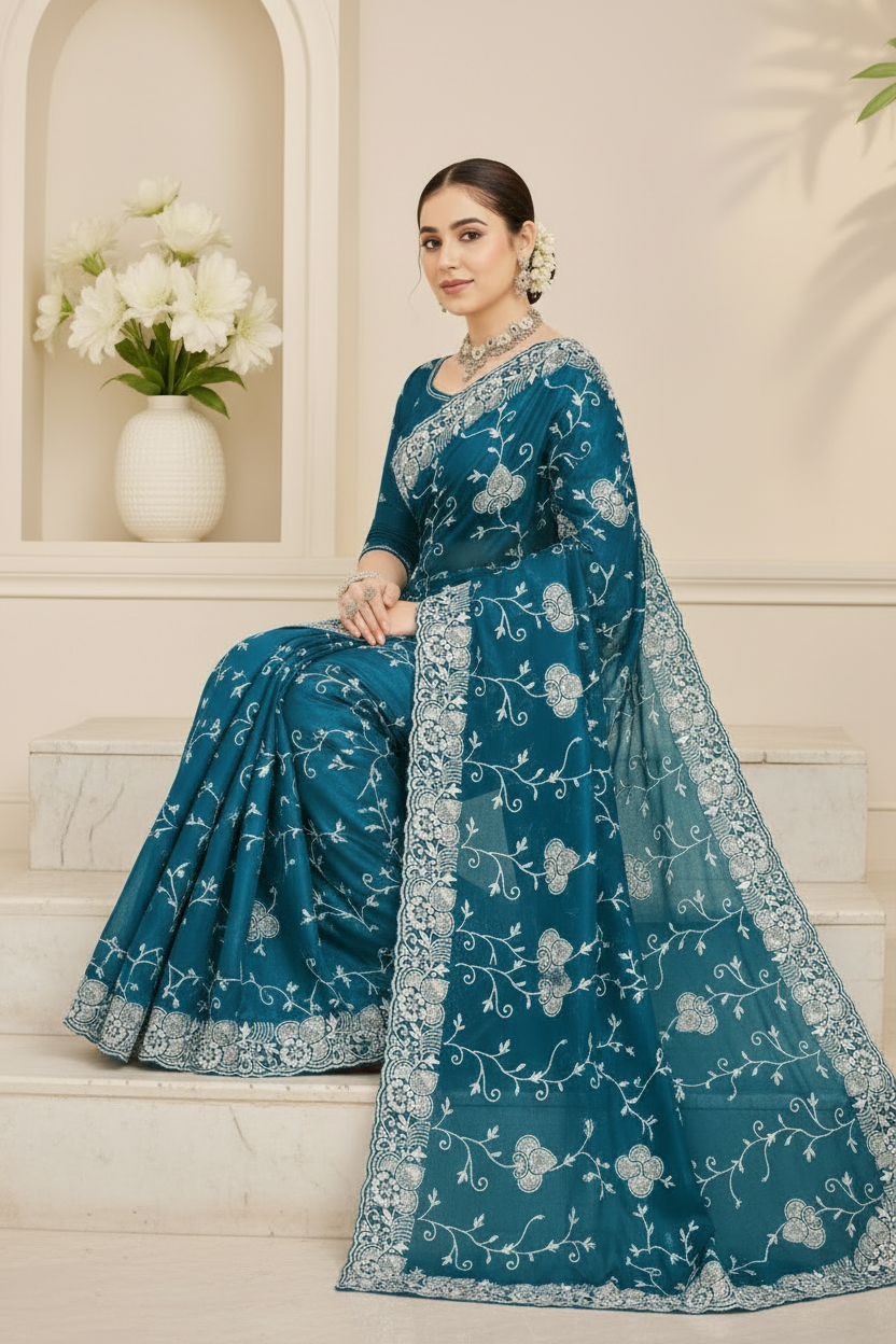 Blue Embroidered Fendi Saree