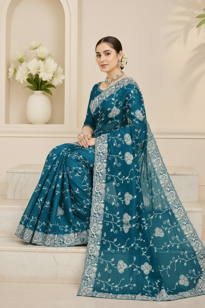 Blue Embroidered Fendi Saree