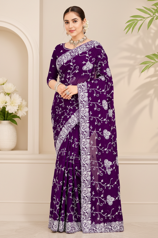 Purple Embroidered Fendi Saree
