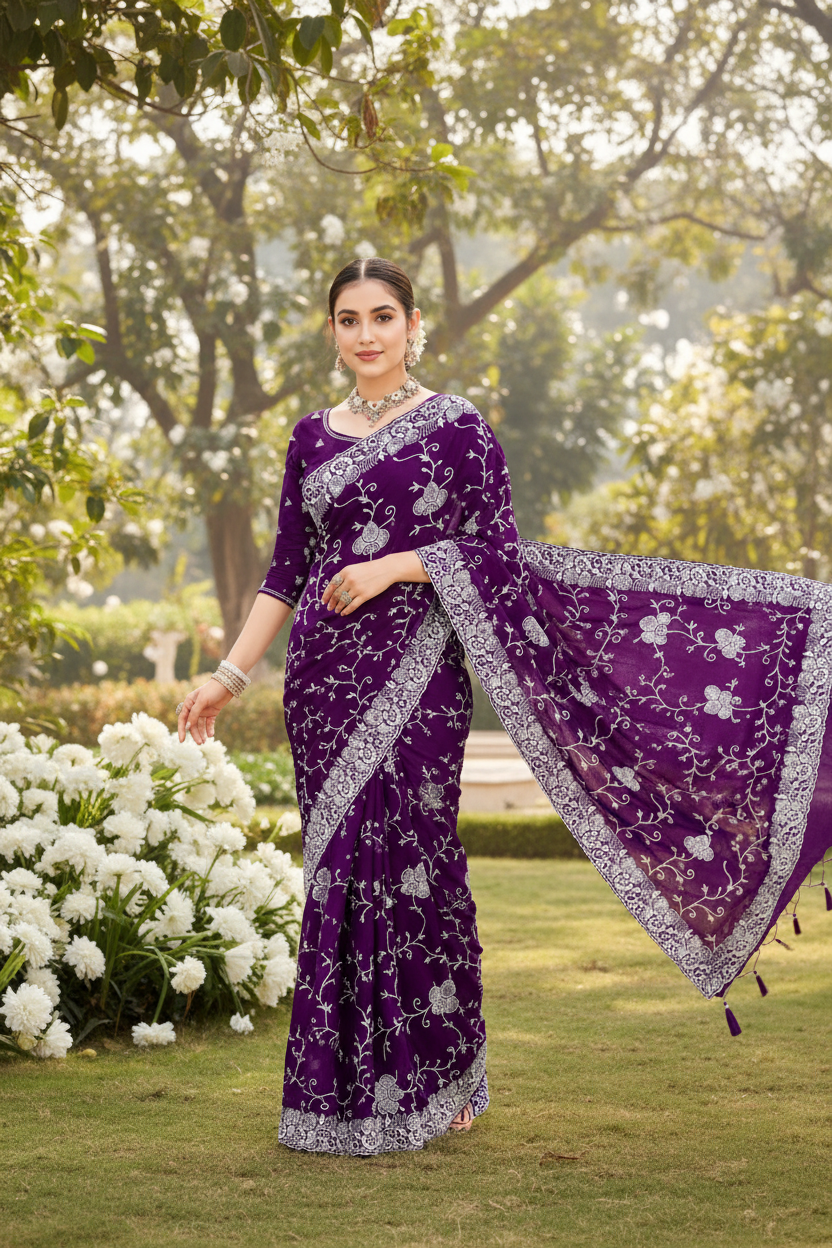 Purple Embroidered Fendi Saree