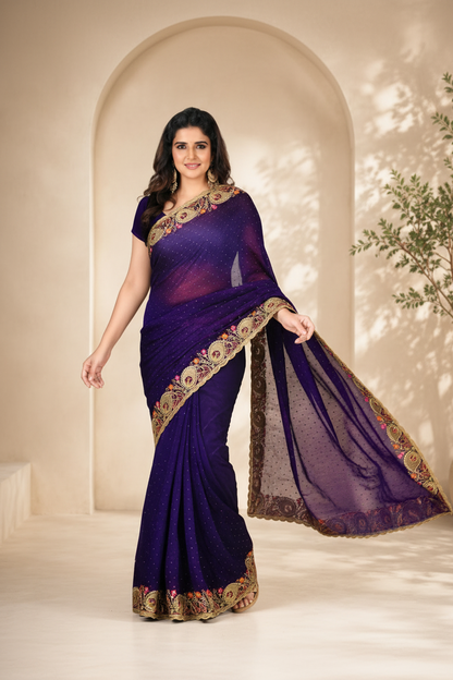 Purple Sequin Saree with Gold Zari & Floral Border