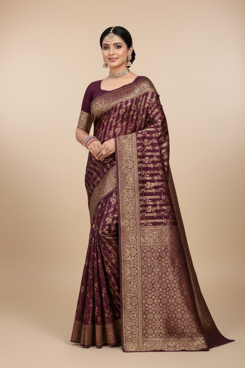 Wine banarasi zari woven silk saree