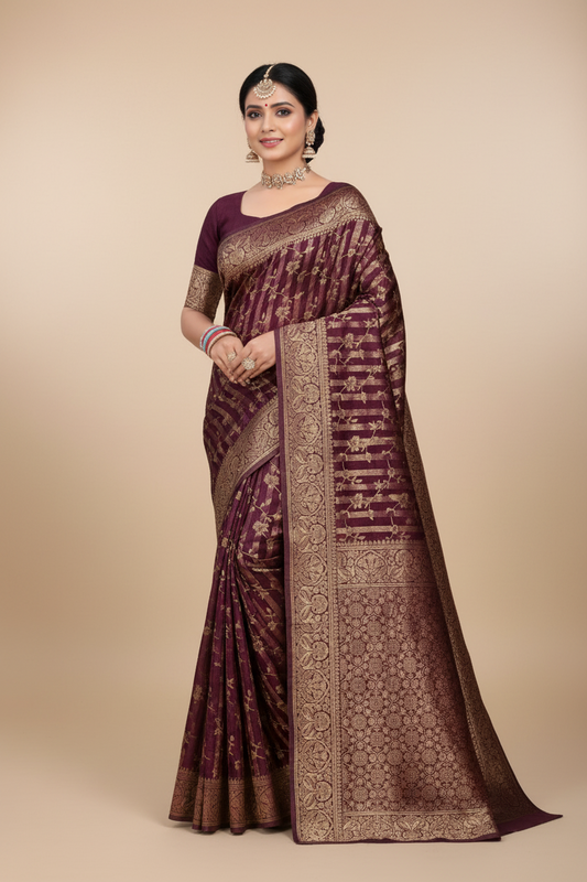 Wine banarasi zari woven silk saree